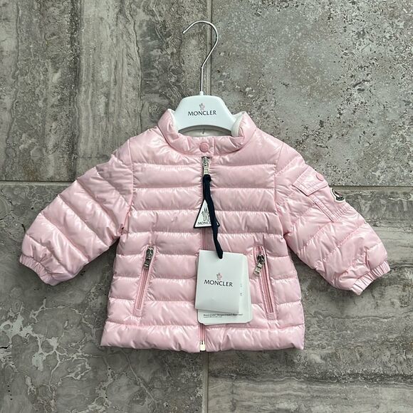 MONCLER Paulas Down Logo-Patch Sleeve Jacket, Pink Girl’s, New, Size 6-9M